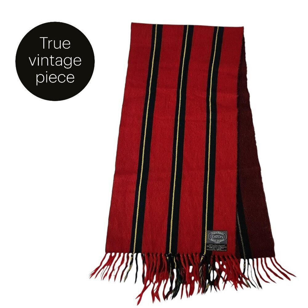 EATON – Red Black Stripe Lambswool Fringe Scarf vintage os